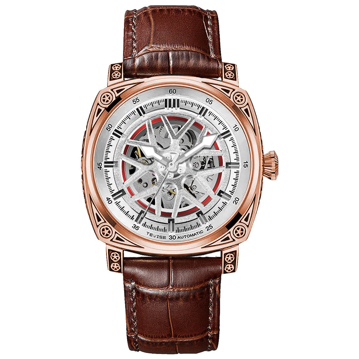 Automatic mechanical men's watch with stainless steel case and leather strap