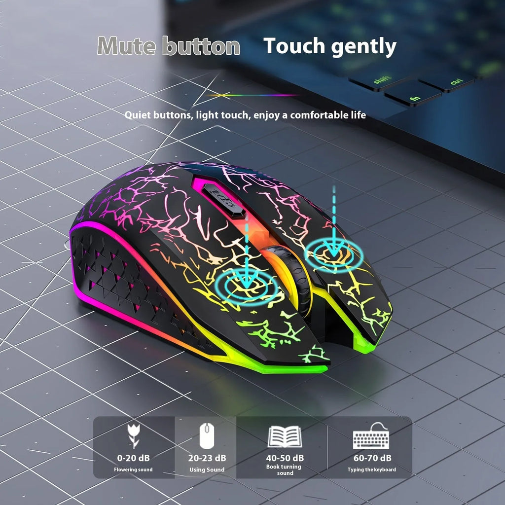Black and white wireless gaming mouse with luminous breathing light on desktop