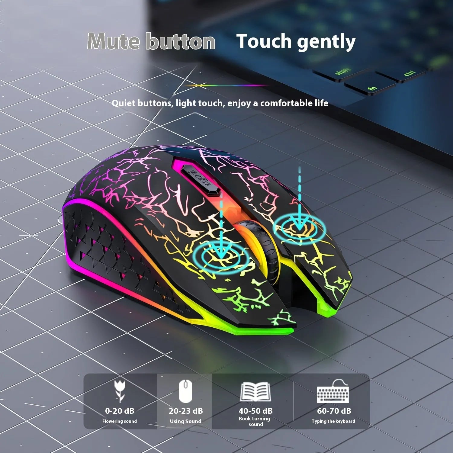 Black and white wireless gaming mouse with luminous breathing light on desktop