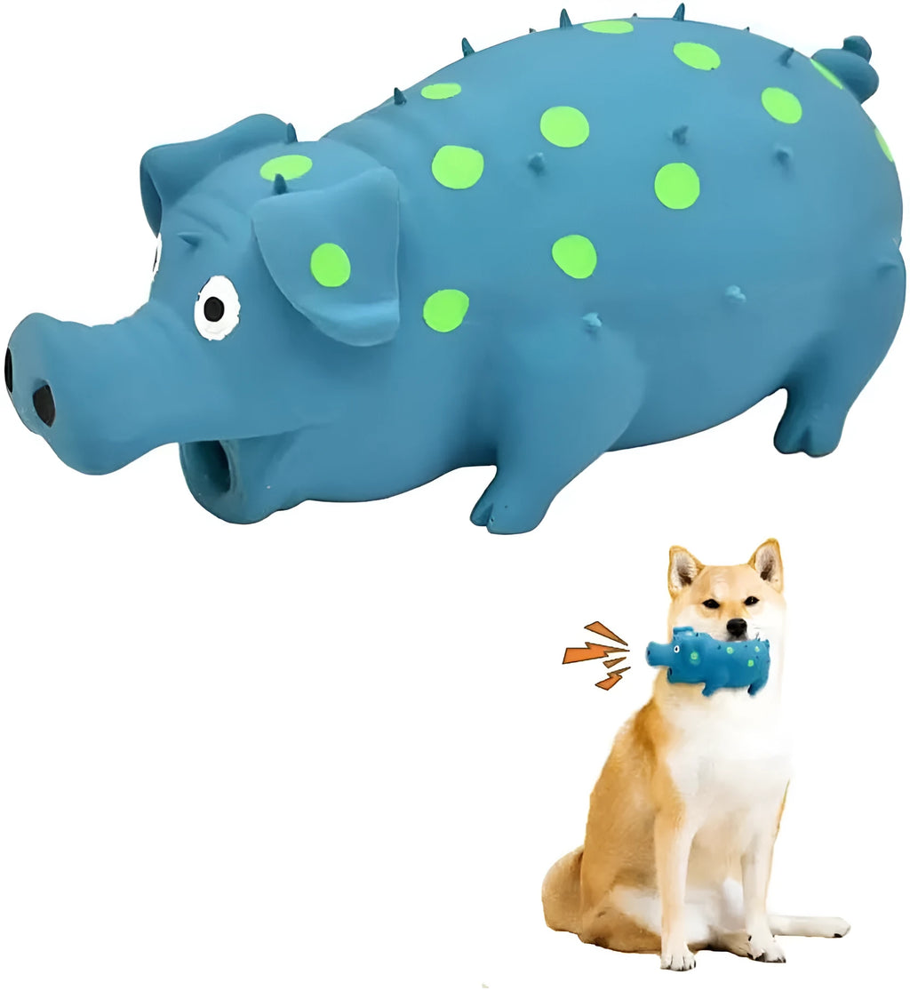 Latex pig-shaped dog chew toy in multiple colours with textured surface for teeth cleaning