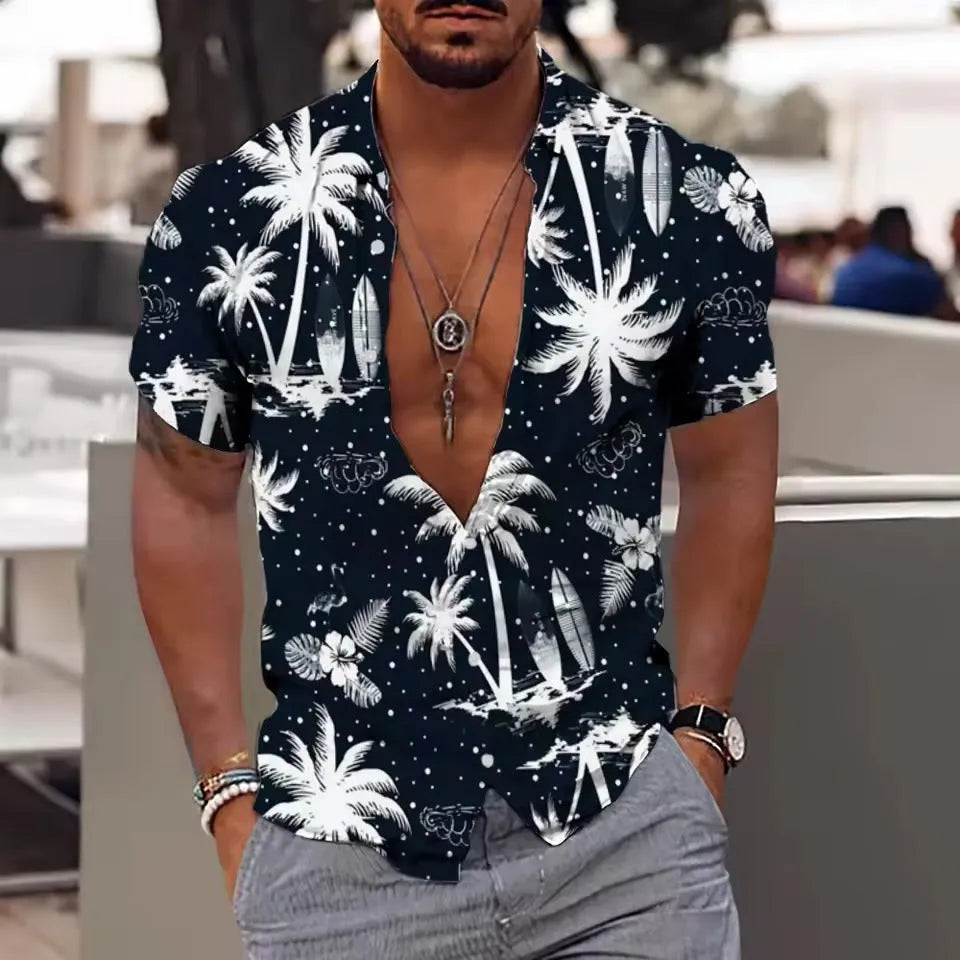 Men's floral print short sleeve shirt with loose cardigan fit in polyester fabric