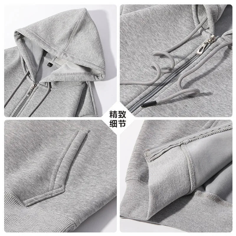 Men's beige loose-fit cotton zipper hoodie with front pockets, shown on a plus-size model.