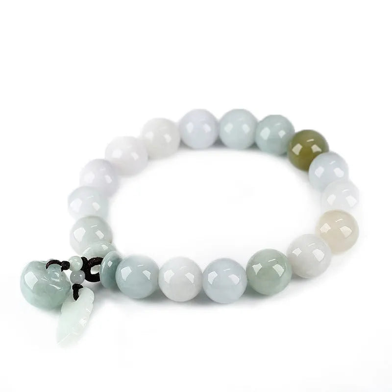 Natural green jade bracelet with a hanging Maitreya Buddha charm on a geometric band.