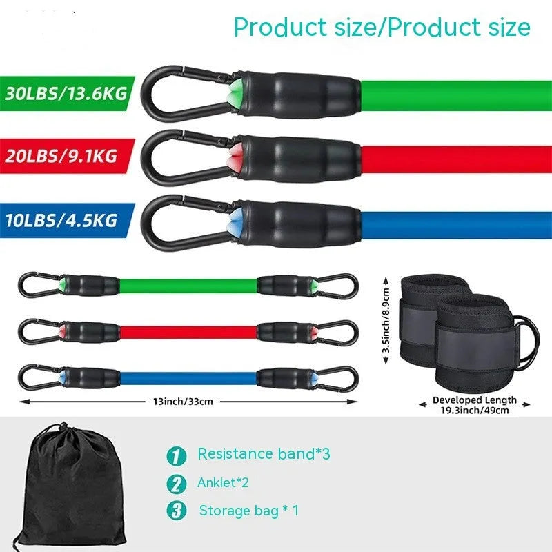 TPE resistance band set with three tension levels and foot loops for fitness exercises
