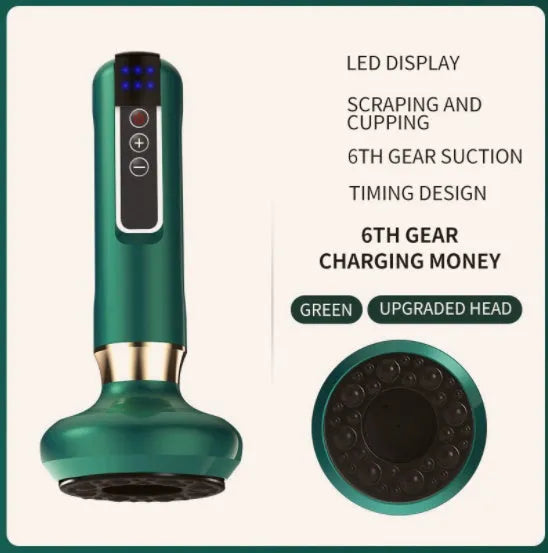 Green electric vacuum cupping massager with gua sha head on a white background.