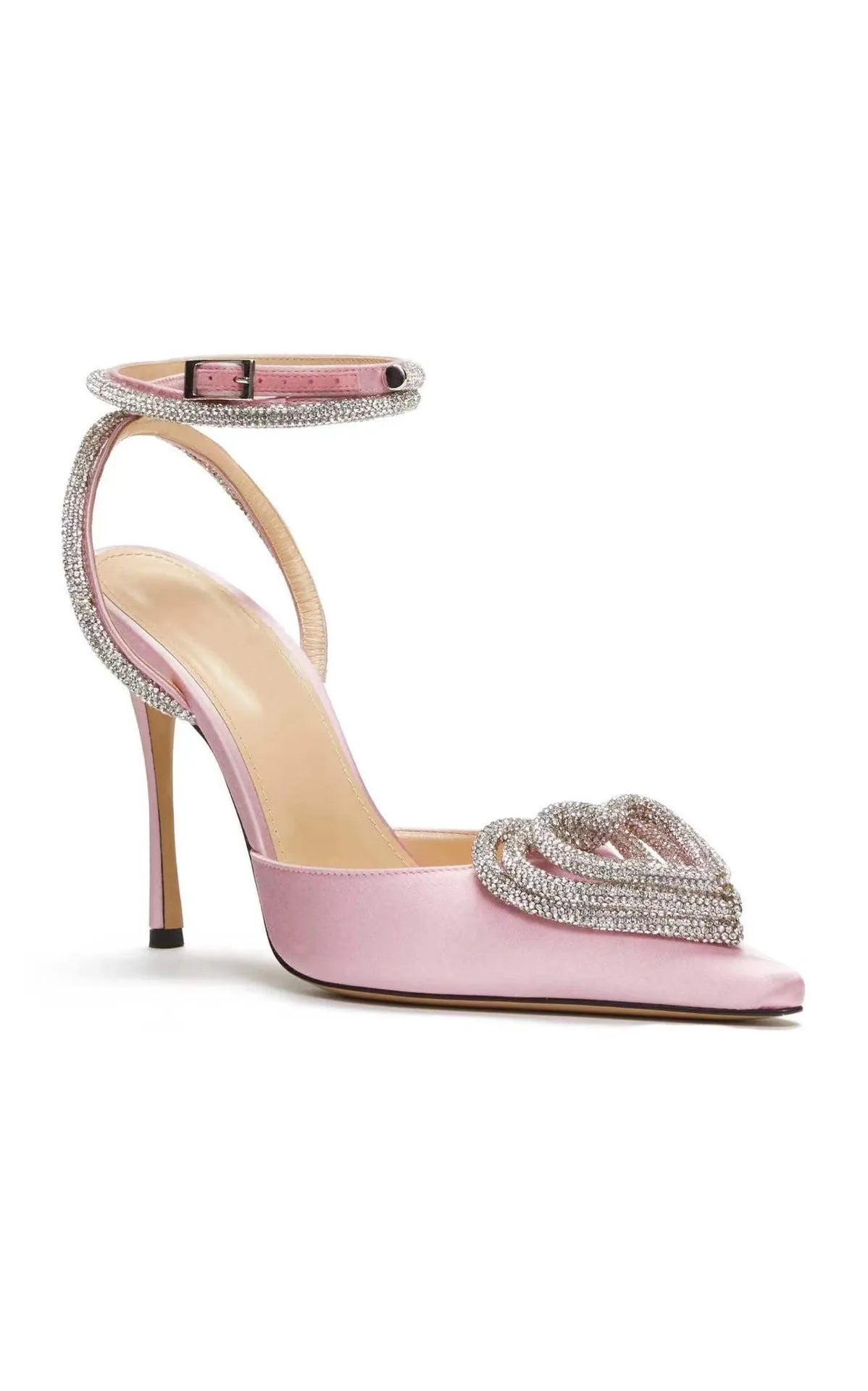 Women's pointed heart-shaped rhinestone sandals with satin upper and cross-belt strap in pink colour