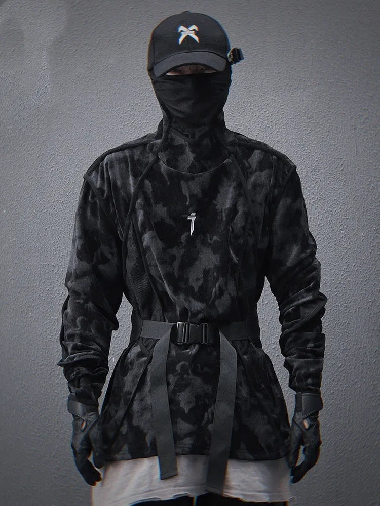 Men's black tie-dye printed pullover sweater with turtleneck collar and drop-shoulder sleeves