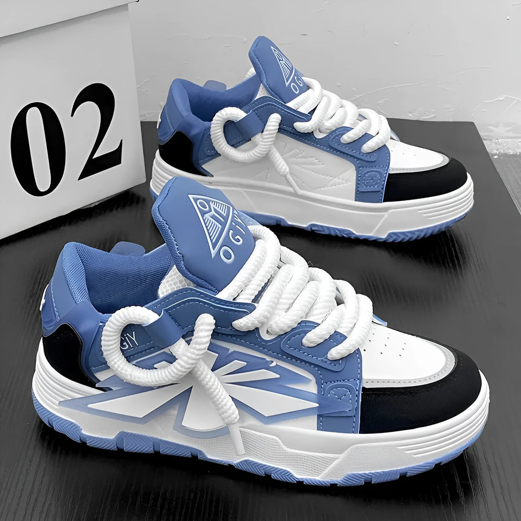 Men's white synthetic leather sneakers with cartoon pattern and thick rubber sole