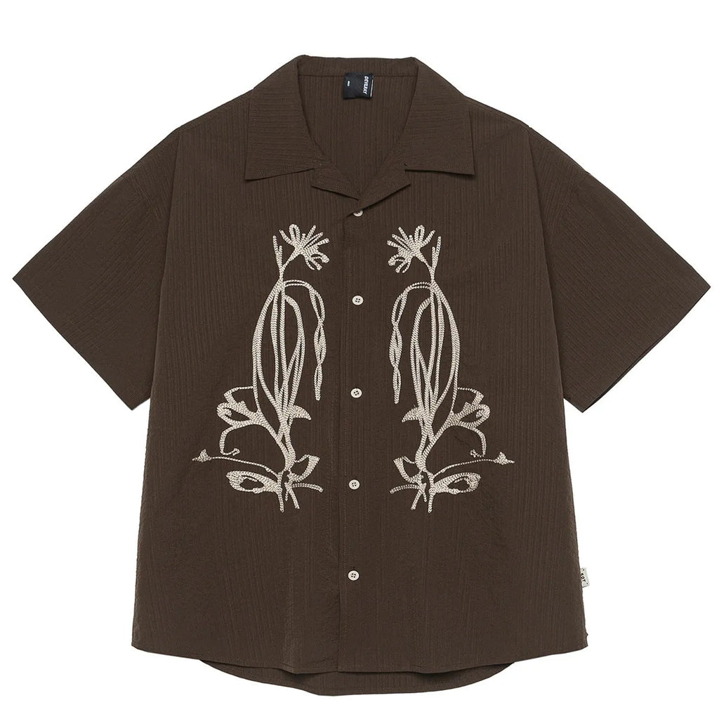 Brown striped Cuban collar short sleeve outdoor shirt with waterproof quick-drying fabric