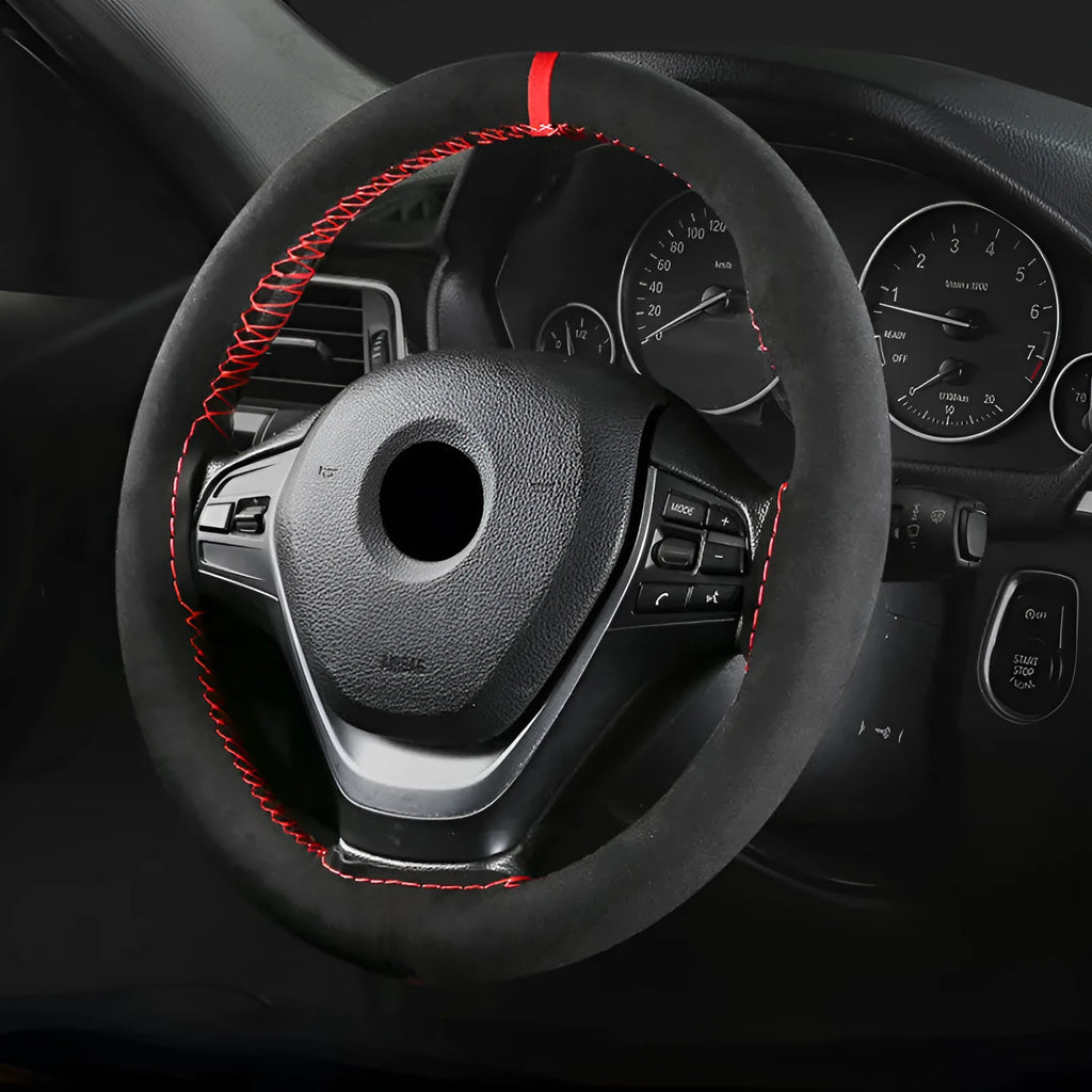 Black wool microfiber steering wheel cover with red accent line on 38cm diameter steering wheel