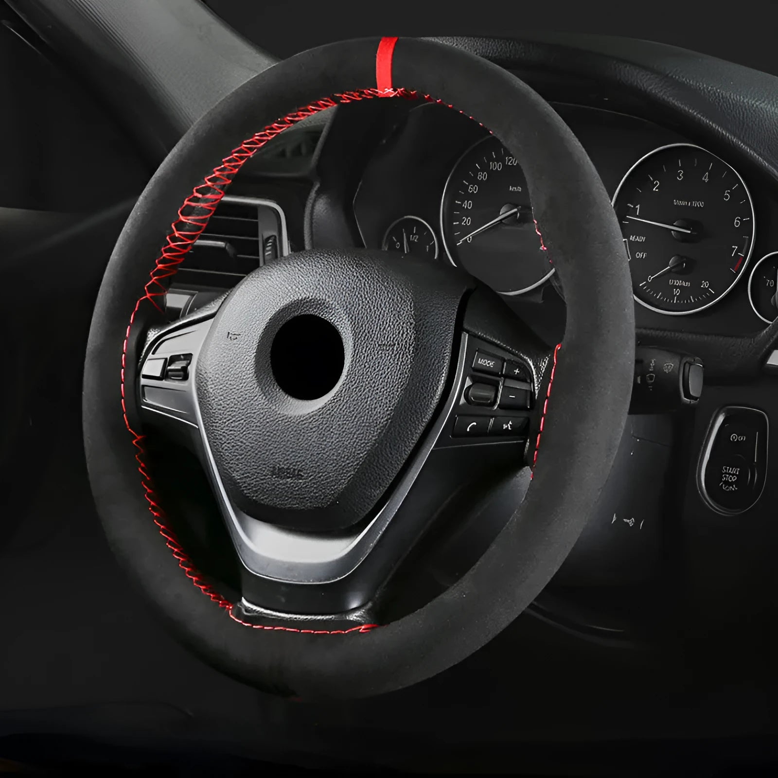 Black wool microfiber steering wheel cover with red accent line on 38cm diameter steering wheel