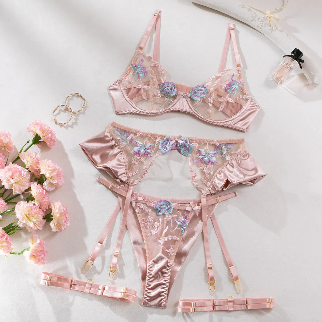 Light purple satin lingerie four-piece set with embroidery detailing and champagne colour option