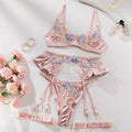 Light purple satin lingerie four-piece set with embroidery detailing and champagne colour option