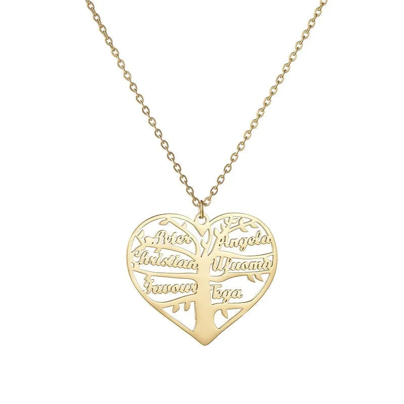 Close-up of a personalised stainless steel necklace with a heart-shaped pendant engraved with names and a family tree design.