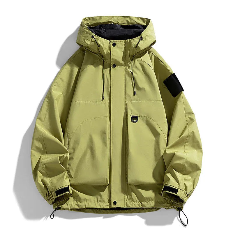 Men's black waterproof windproof hooded coat with long sleeves on a hanger.