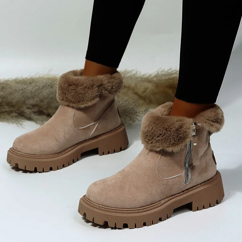 Women's black thick plush snow boots with side zipper, faux suede upper, and non-slip rubber sole.
