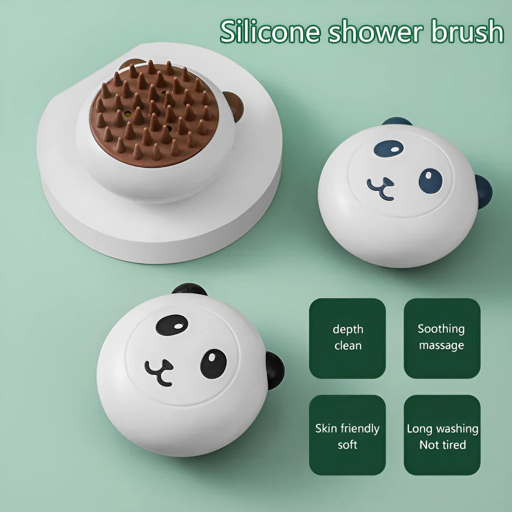 Panda-shaped silicone pet bath brush with soft bristles for washing cats and dogs.