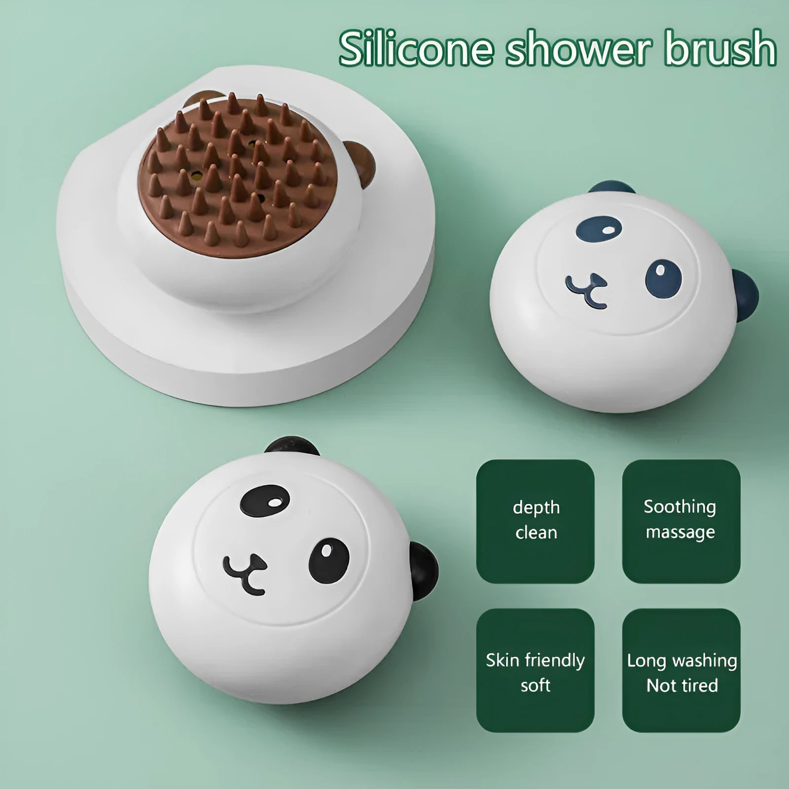 Panda-shaped silicone pet bath brush with soft bristles for washing cats and dogs.