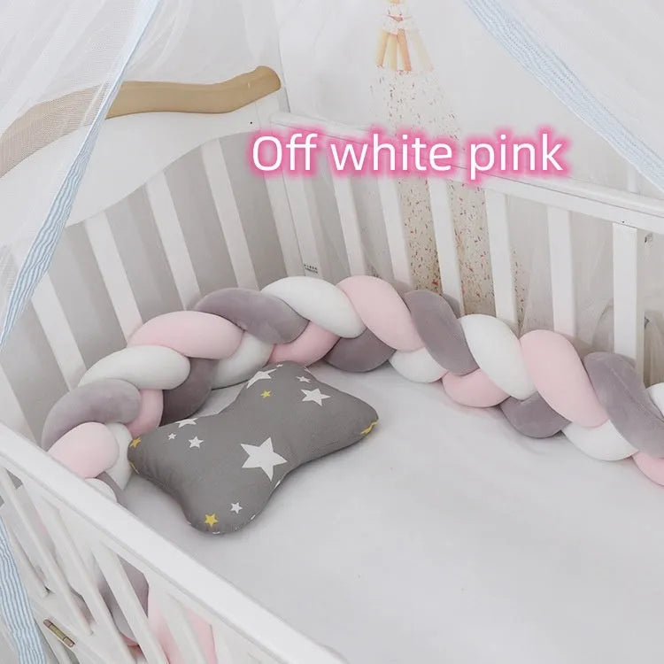Braided knot cot bumper cushion in spandex velvet for crib safety protection.
