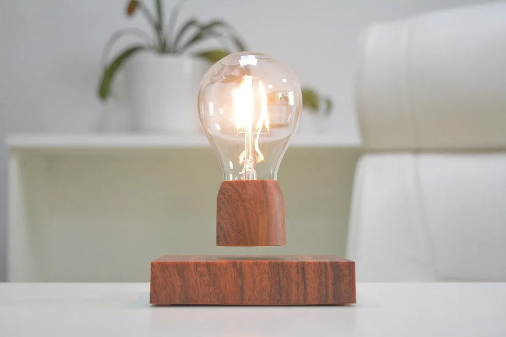 Magnetic levitation floating bulb lamp with imitation wood base and international plug options