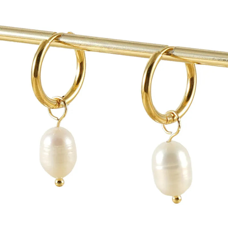 Gold geometric stainless steel earrings with freshwater pearls and titanium posts for women