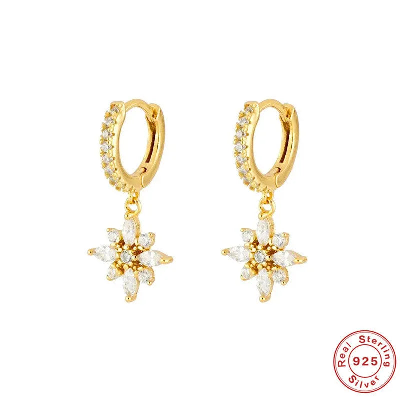 S925 sterling silver snowflake pendant earrings with inlaid gemstone in white or yellow gold colour.