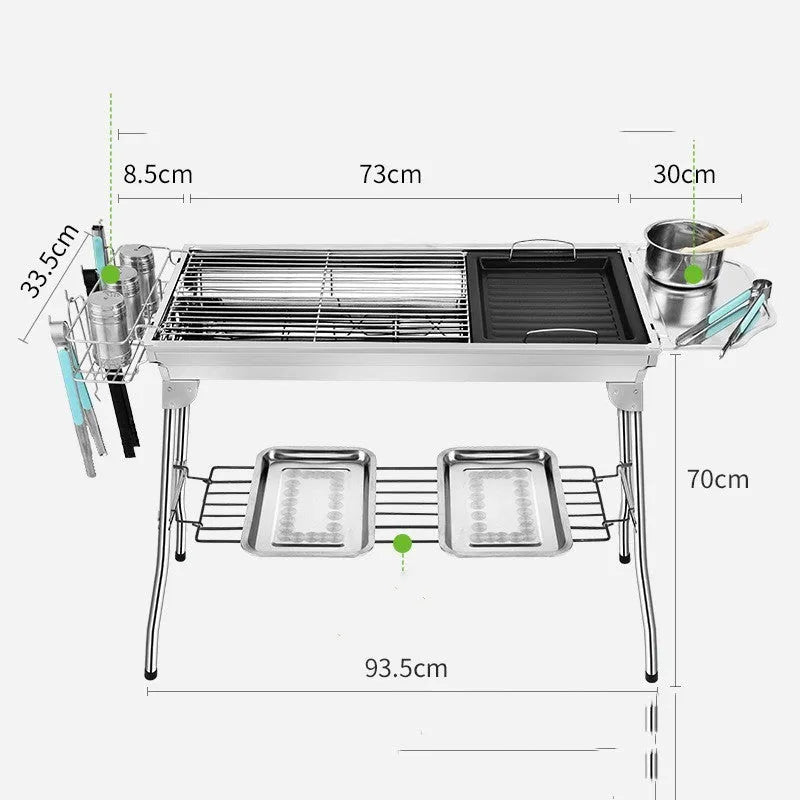 Stainless steel portable folding barbecue oven with dimensions 73x33.5x70cm