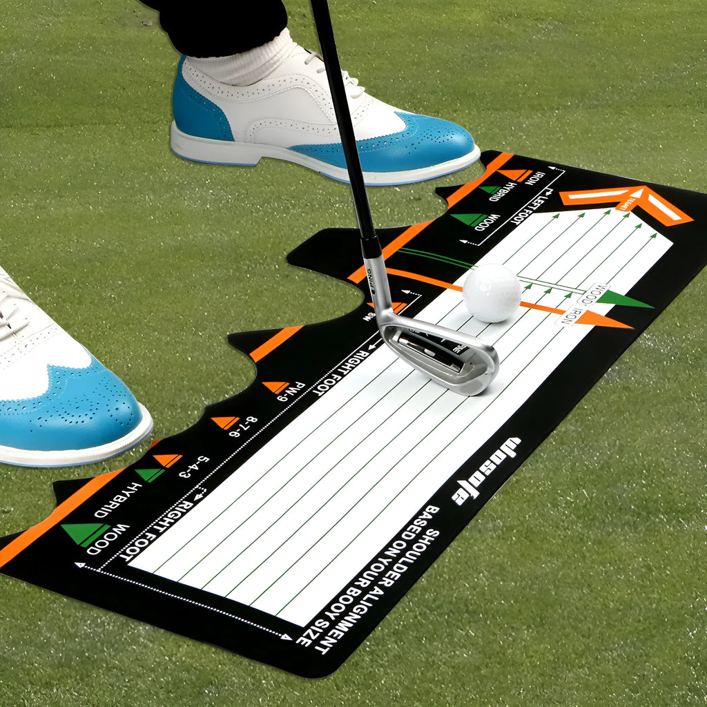 Black neoprene golf swing posture training pad with alignment markings for stance correction.