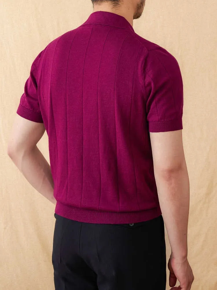 Men's purple cotton linen striped polo collar short sleeve top on hanger