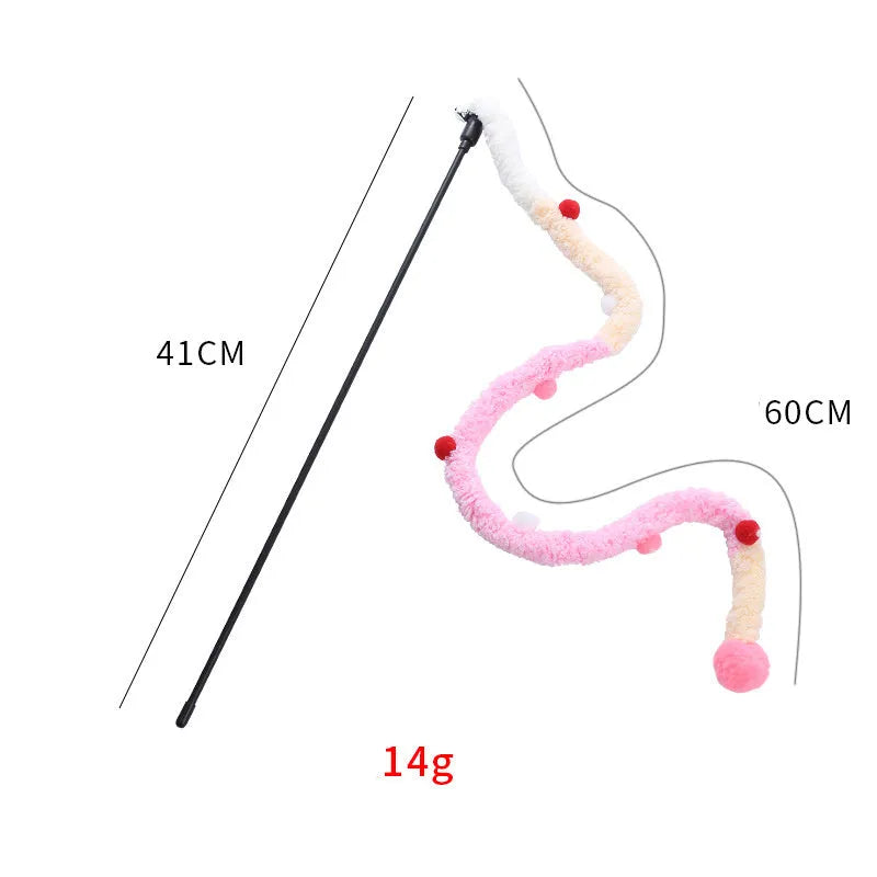 Blue cat teaser wand with plush strip, colourful ball, and bell on 41cm pole