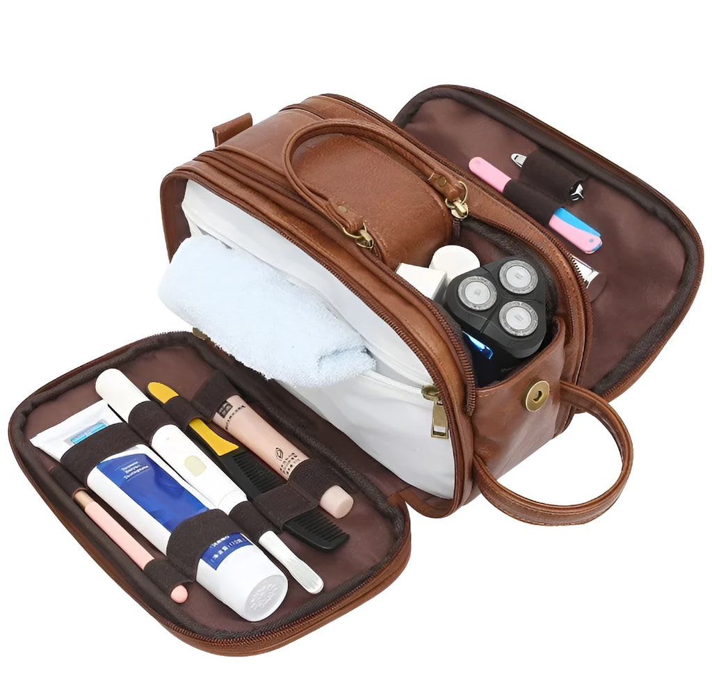 Black and brown pu leather men's toiletry bag for travel storage