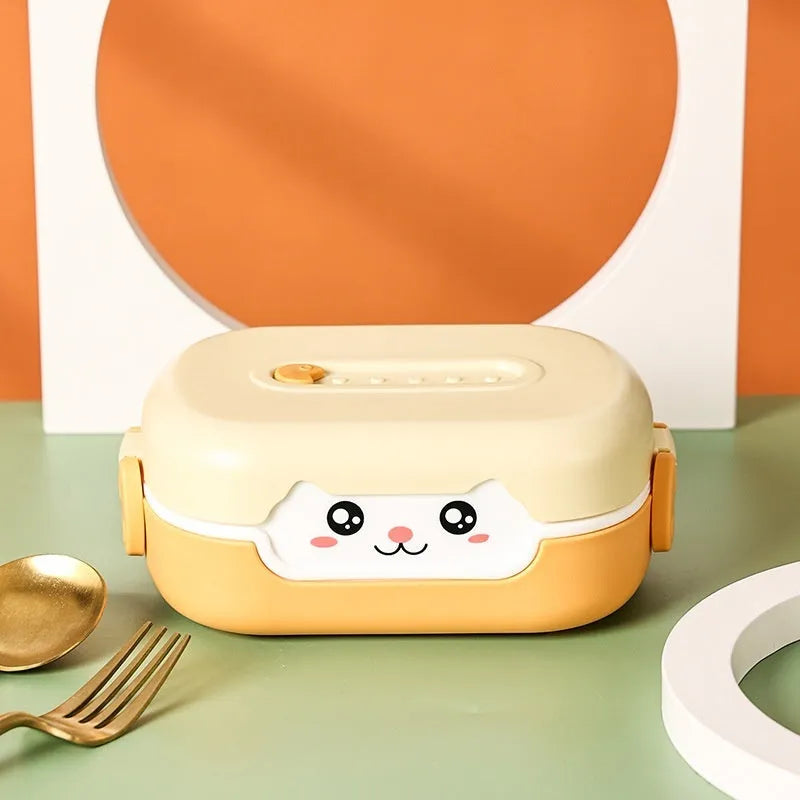 Square plastic divided lunch box showing multiple colour options including dark blue, orange, and pink and green