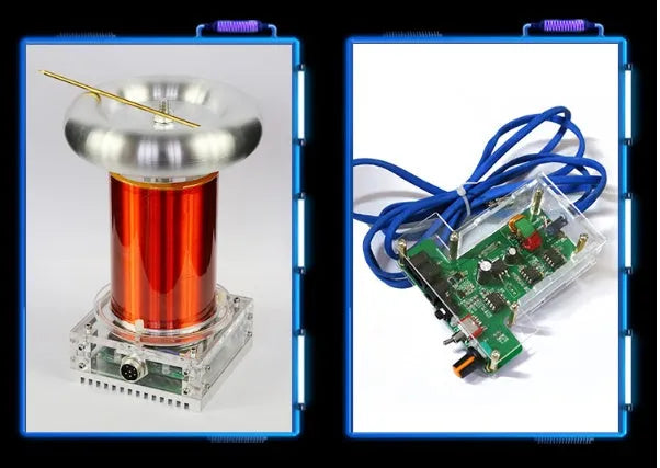 Music Tesla coil driver board with controller and cables on a workspace, showing arc discharge diagram.