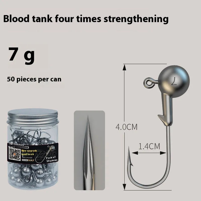Set of 50 jig fishing hooks with lead-headed design and steel construction
