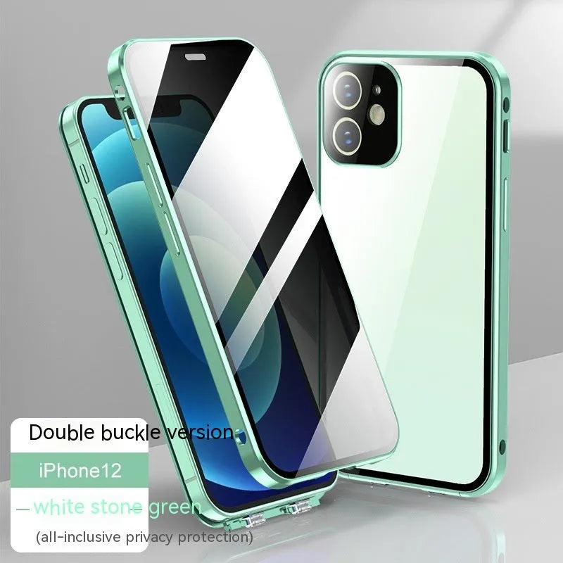 Glass privacy phone case with double-sided buckle, shown in one of five colour options: black, blue, gold, green, or silver.