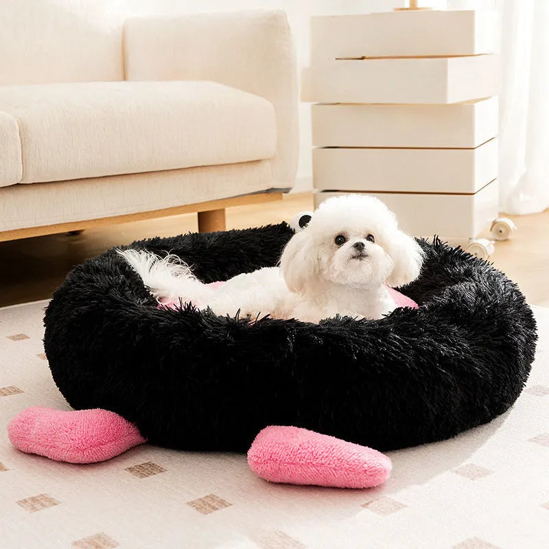 Blue plush pet bed with raised bolster edge, shown in a large size for dogs up to 15kg.