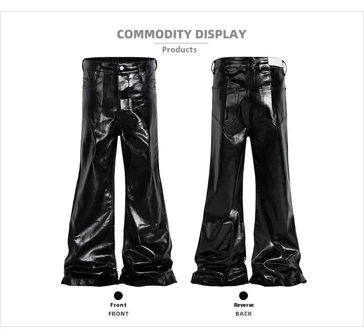 Black patent leather coated skinny jeans with straight-leg cut and mid waist design