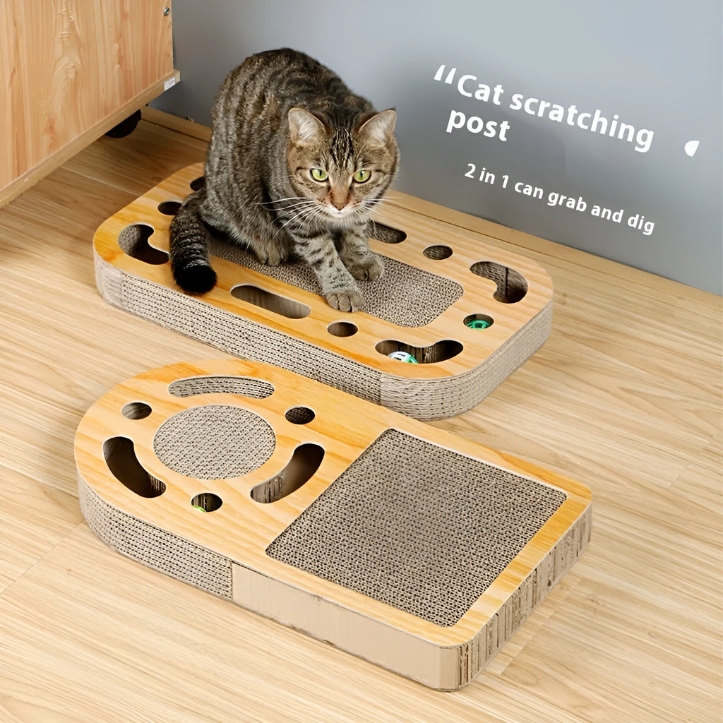 Corrugated paper cat scratch board with round ball toy for claw maintenance