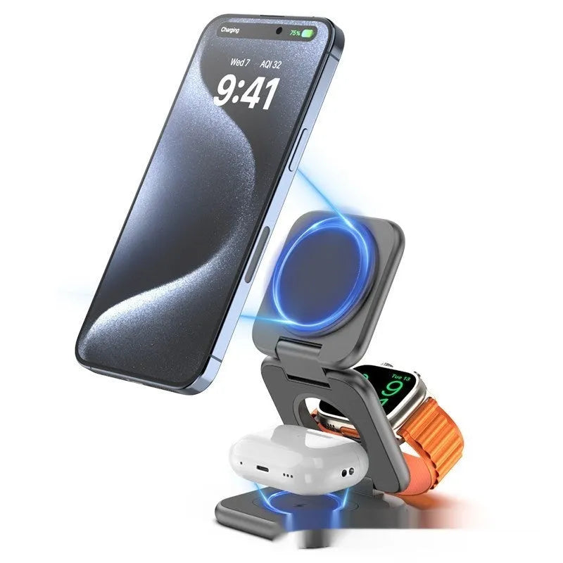 Foldable magnetic wireless charger mobile phone holder in black showing phone charging at viewing angle