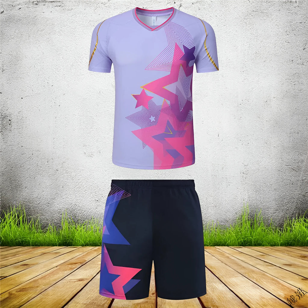 Men's and women's badminton competition sportswear set with short-sleeved polyester jacket and matching trousers.