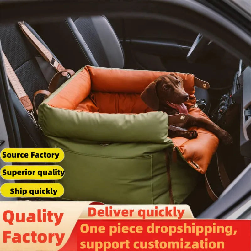 Green waterproof PU pet car nest for dogs, shown on a car seat with dimensions 55x50x45cm.