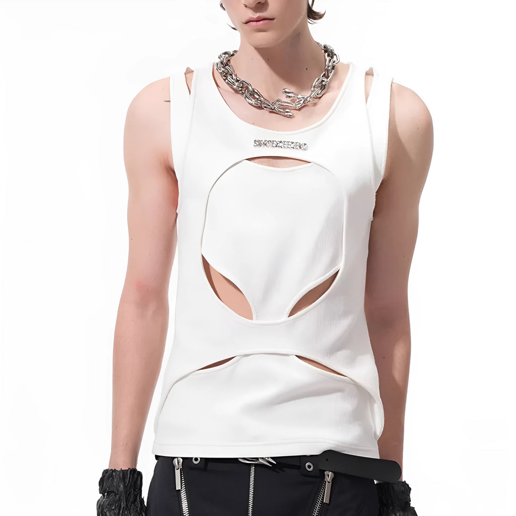 Men's sleeveless waistcoat vest in hollow white thread knit with round neck collar