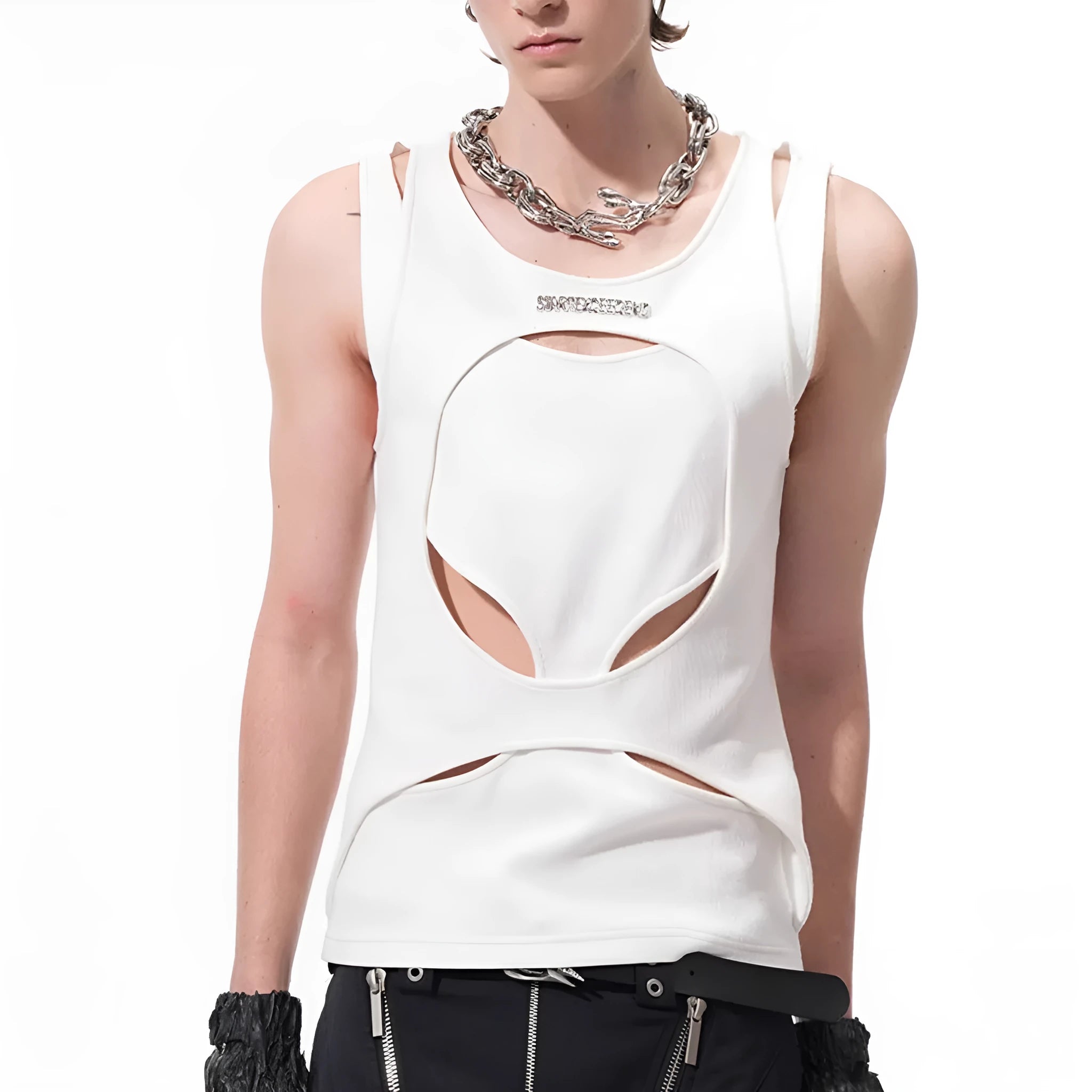 Men's sleeveless waistcoat vest in hollow white thread knit with round neck collar