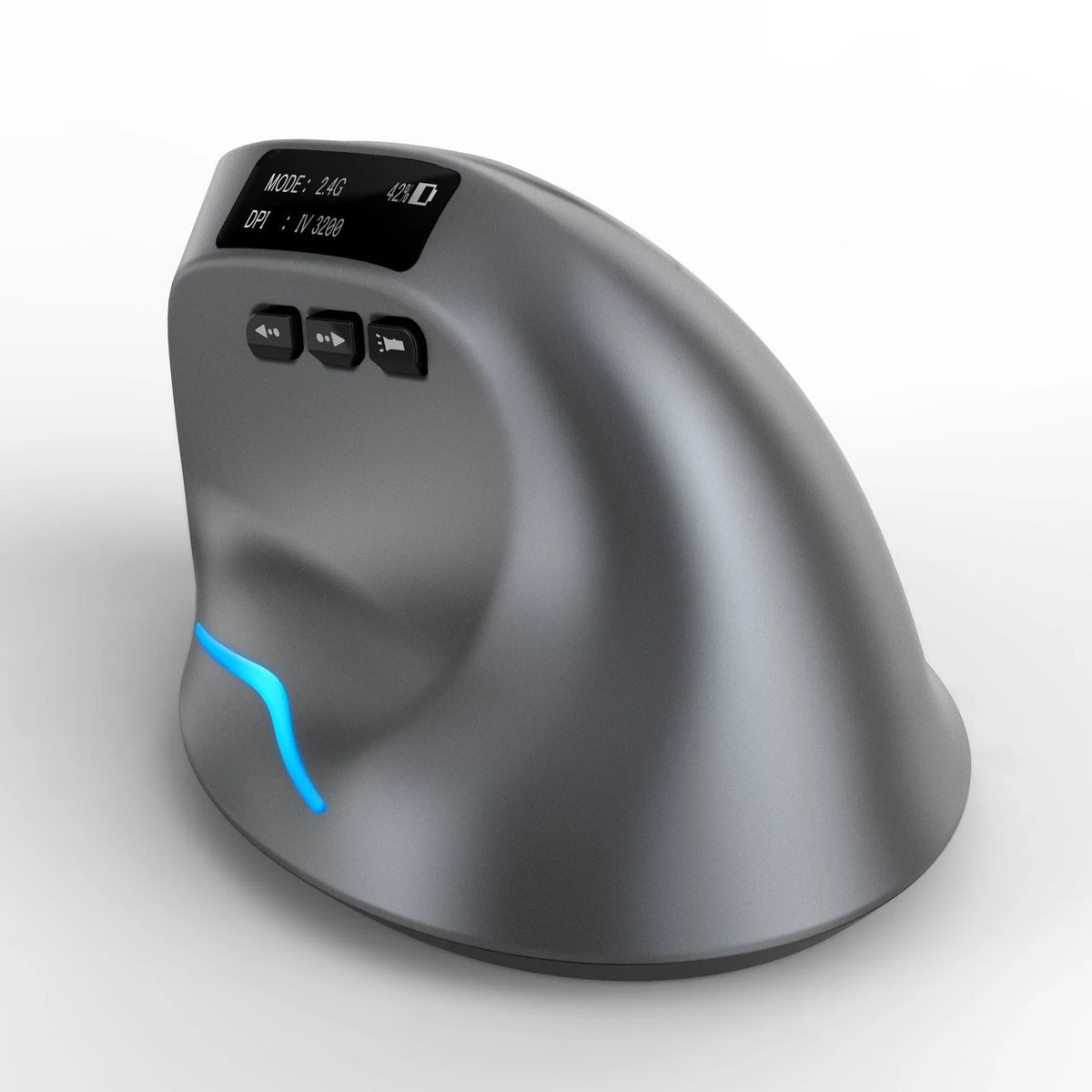 Gray Bluetooth vertical mouse with ergonomic grip and self-charging feature