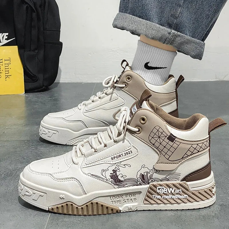 Men's beige high-top board shoes with mesh lining and rubber soles