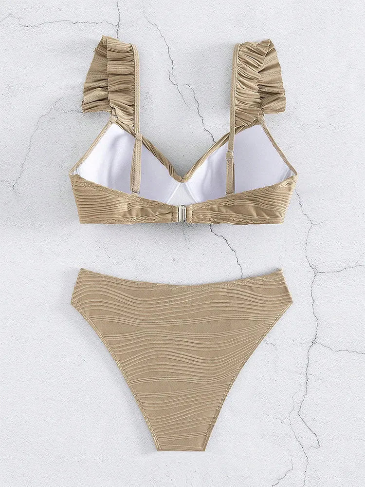 Women's solid colour bikini swimsuit in black or khaki, made from polyester fibre