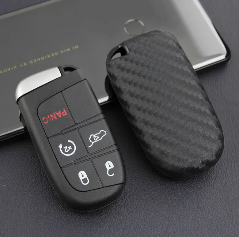 Carbon fibre silicone remote key protection case for Dodge Chrysler Fiat vehicles