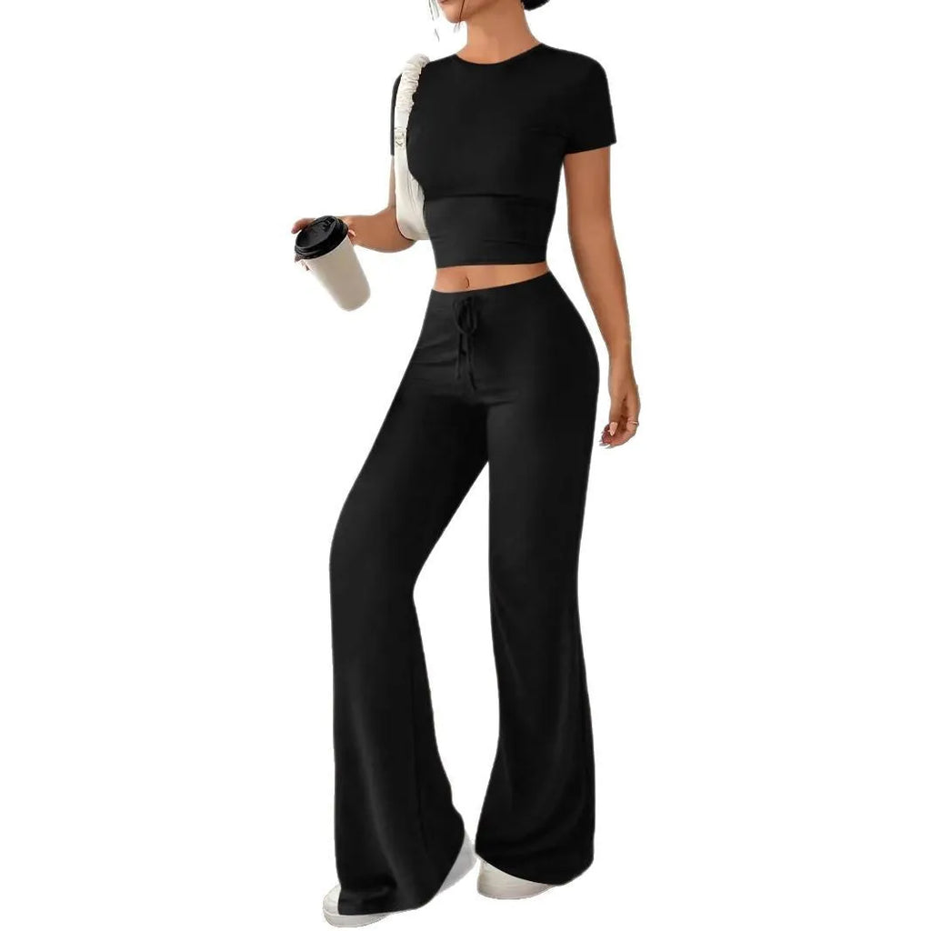 Black high-waist trousers and short-sleeve t-shirt polyester suit set displayed together