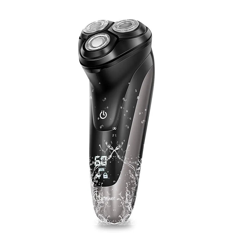 Men's electric shaver with three rotating heads and pop-up sideburn trimmer on black background