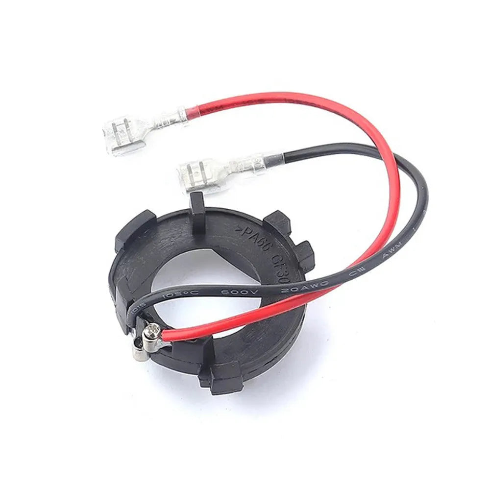 Black plastic H7 LED headlight adapter bracket with copper wiring for Volkswagen cars.